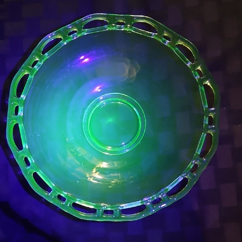 Vintage Lancaster Green Uranium Glass Open Lace Serving Dish UV Glow